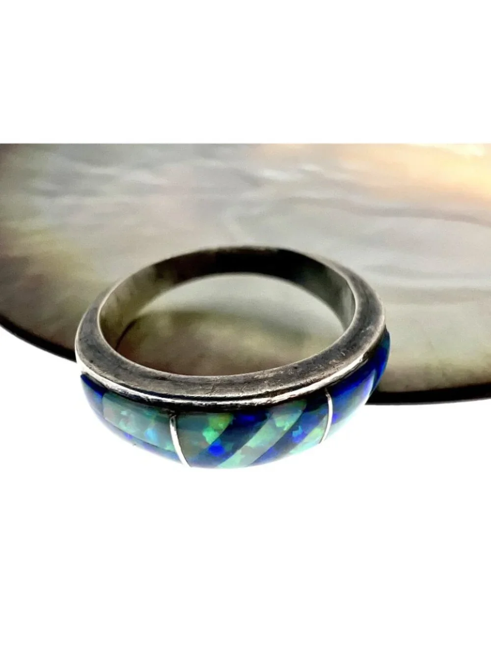 Vintage Sterling Silver & Blue Opal Inlay Ring Size - Picture 7 of 10
